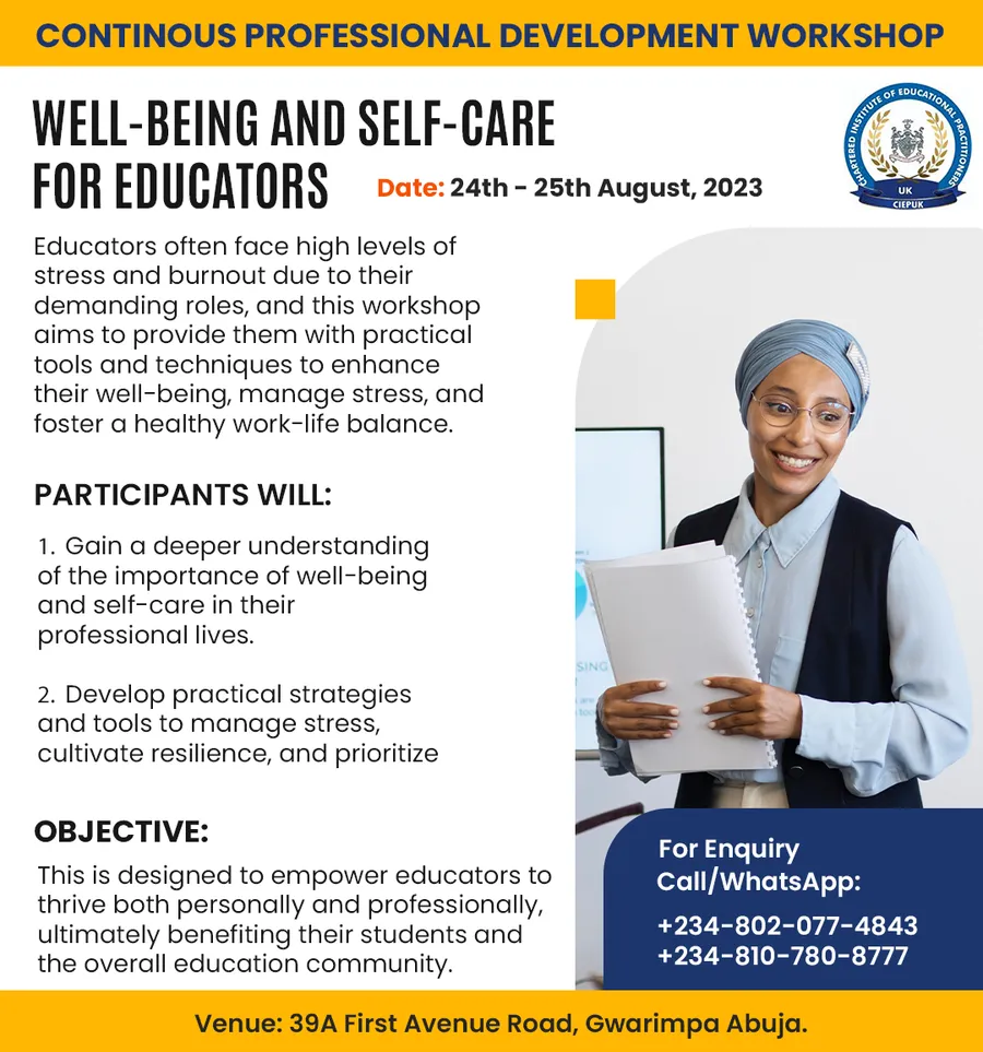 Professional Development Workshop on Wellbeing and Self-Care for Educators flyer